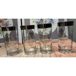 Vtg MCM Hollywood Regency Silver Trim Cross & Crown Bar Glasses Set of 4 Mad Men